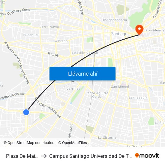 Plaza De Maipú to Campus Santiago Universidad De Talca map