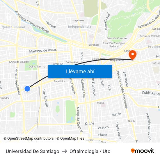 Universidad De Santiago to Oftalmología / Uto map