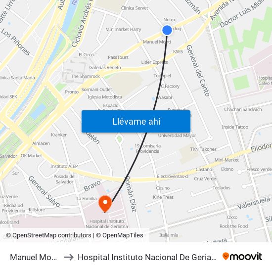 Manuel Montt to Hospital Instituto Nacional De Geriatría map