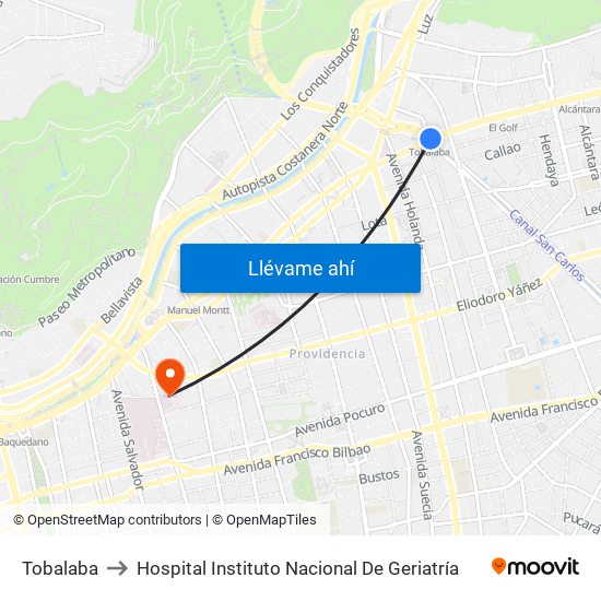 Tobalaba to Hospital Instituto Nacional De Geriatría map