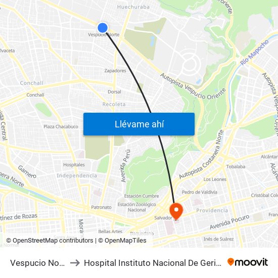 Vespucio Norte to Hospital Instituto Nacional De Geriatría map
