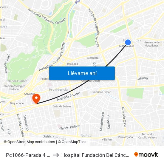 Pc1066-Parada 4 / (M) Manquehue to Hospital Fundación Del Cáncer Arturo López Pérez Falp map