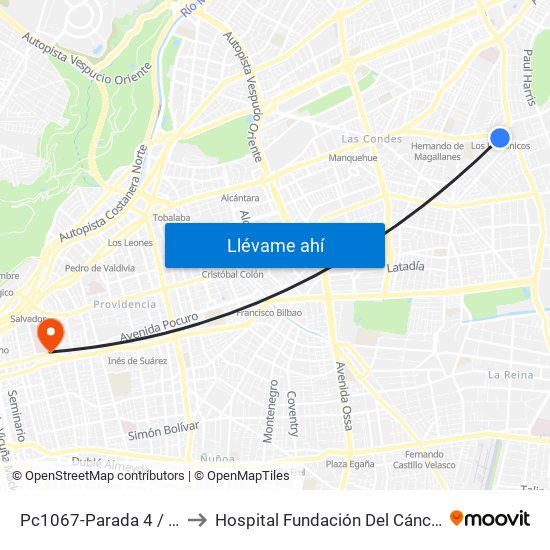 Pc1067-Parada 4 / (M) Los Dominicos to Hospital Fundación Del Cáncer Arturo López Pérez Falp map