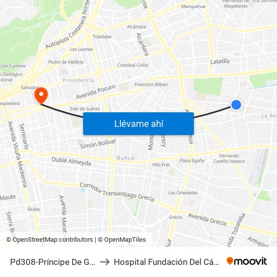 Pd308-Príncipe De Gales / Esq. S. Izquierdo to Hospital Fundación Del Cáncer Arturo López Pérez Falp map