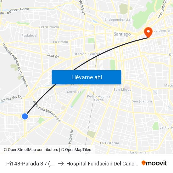 Pi148-Parada 3 / (M) Plaza De Maipú to Hospital Fundación Del Cáncer Arturo López Pérez Falp map