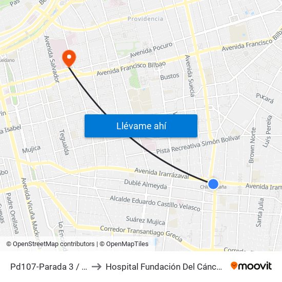 Pd107-Parada 3 / (M) Chile España to Hospital Fundación Del Cáncer Arturo López Pérez Falp map