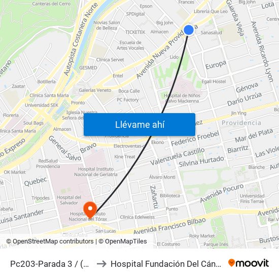 Pc203-Parada 3 / (M) Pedro De Valdivia to Hospital Fundación Del Cáncer Arturo López Pérez Falp map