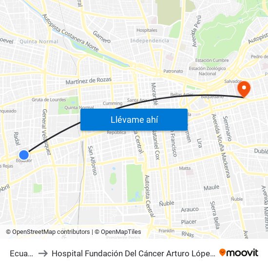 Ecuador to Hospital Fundación Del Cáncer Arturo López Pérez Falp map