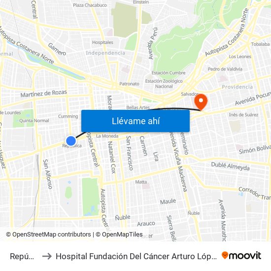 República to Hospital Fundación Del Cáncer Arturo López Pérez Falp map