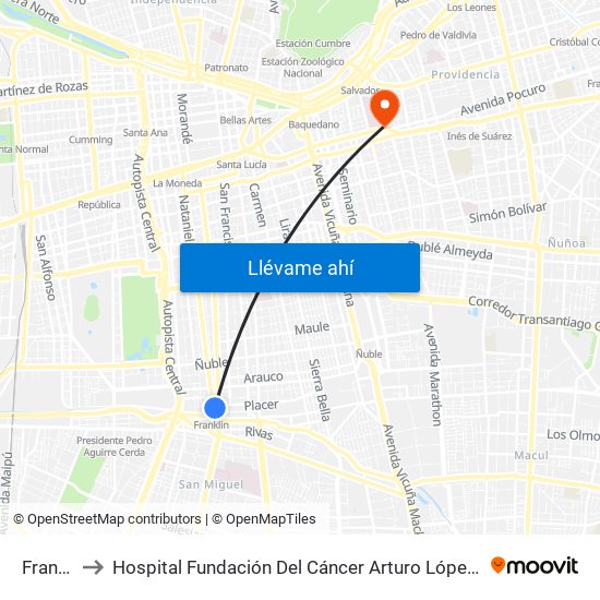 Franklin to Hospital Fundación Del Cáncer Arturo López Pérez Falp map