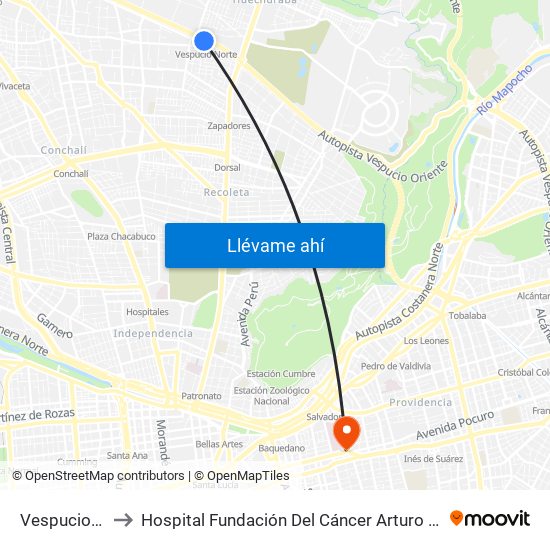 Vespucio Norte to Hospital Fundación Del Cáncer Arturo López Pérez Falp map