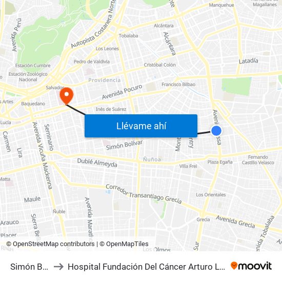 Simón Bolivar to Hospital Fundación Del Cáncer Arturo López Pérez Falp map