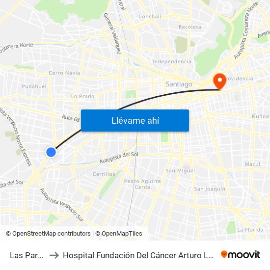 Las Parcelas to Hospital Fundación Del Cáncer Arturo López Pérez Falp map