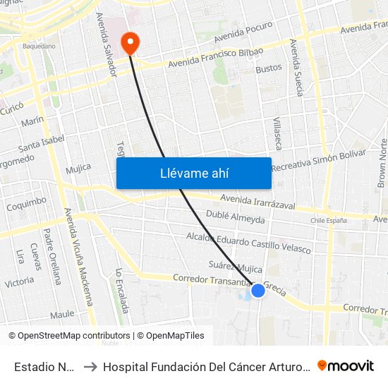 Estadio Nacional to Hospital Fundación Del Cáncer Arturo López Pérez Falp map