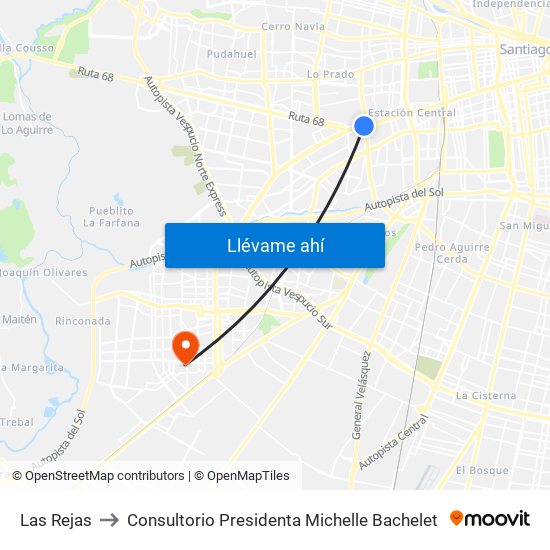 Las Rejas to Consultorio Presidenta Michelle Bachelet map