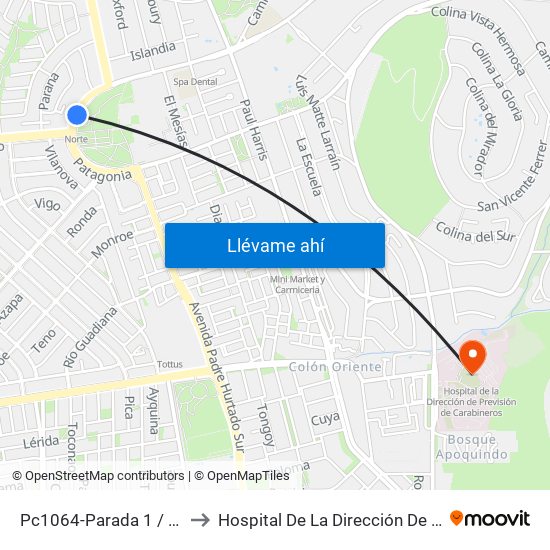 Pc1064-Parada 1 / (M) Los Dominicos to Hospital De La Dirección De Previsión De Carabineros map