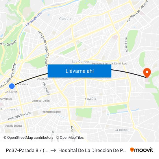 Pc37-Parada 8 / (M) Los Leones to Hospital De La Dirección De Previsión De Carabineros map