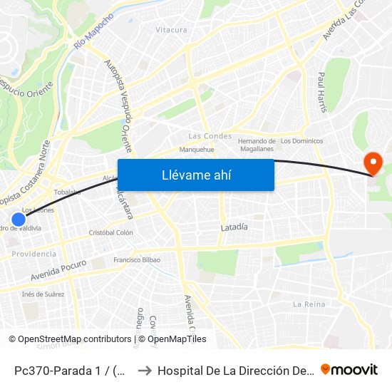 Pc370-Parada 1 / (M) Pedro De Valdivia to Hospital De La Dirección De Previsión De Carabineros map