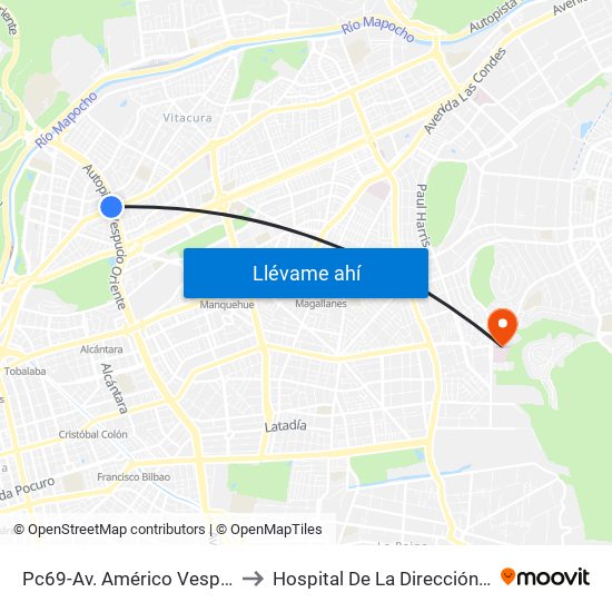 Pc69-Av. Américo Vespucio / Esq. Avenida Vitacura to Hospital De La Dirección De Previsión De Carabineros map