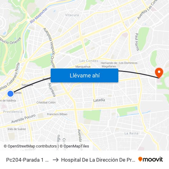 Pc204-Parada 1 / Guardia Vieja to Hospital De La Dirección De Previsión De Carabineros map