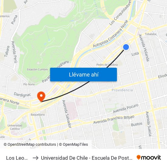 Los Leones to Universidad De Chile - Escuela De Postgrado map