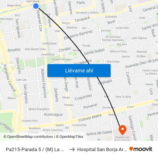 Pa215-Parada 5 / (M) La Moneda to Hospital San Borja Arriarán map