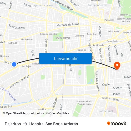 Pajaritos to Hospital San Borja Arriarán map