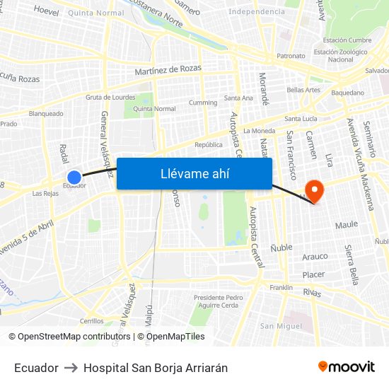 Ecuador to Hospital San Borja Arriarán map