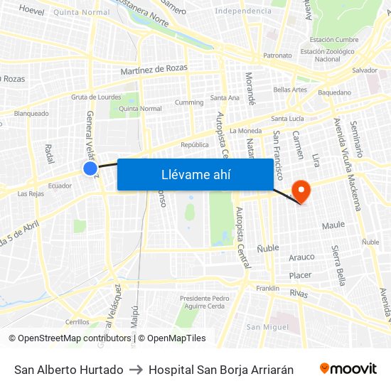 San Alberto Hurtado to Hospital San Borja Arriarán map