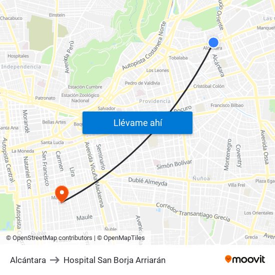 Alcántara to Hospital San Borja Arriarán map