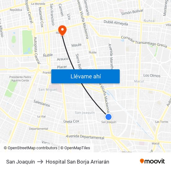 San Joaquín to Hospital San Borja Arriarán map