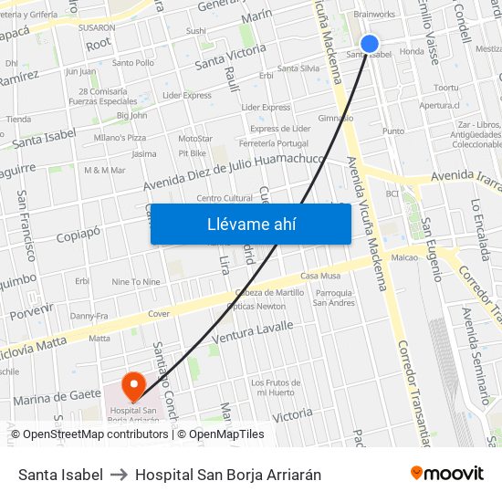 Santa Isabel to Hospital San Borja Arriarán map