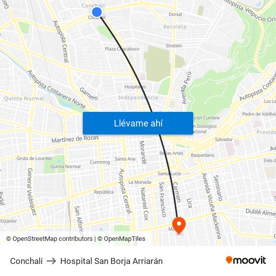 Conchalí to Hospital San Borja Arriarán map