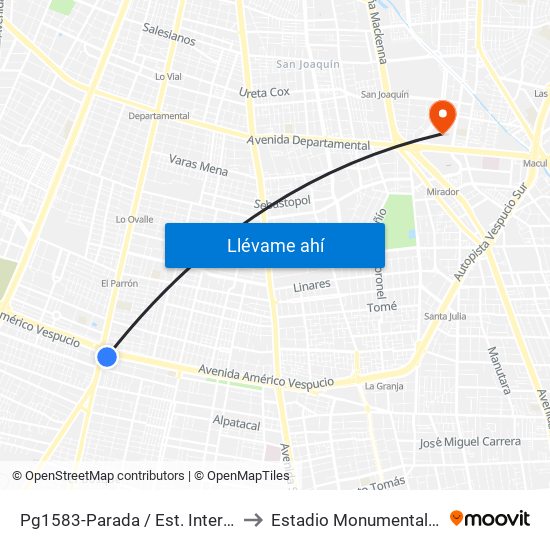 Pg1583-Parada / Est. Intermodal La Cisterna to Estadio Monumental David Arellano map