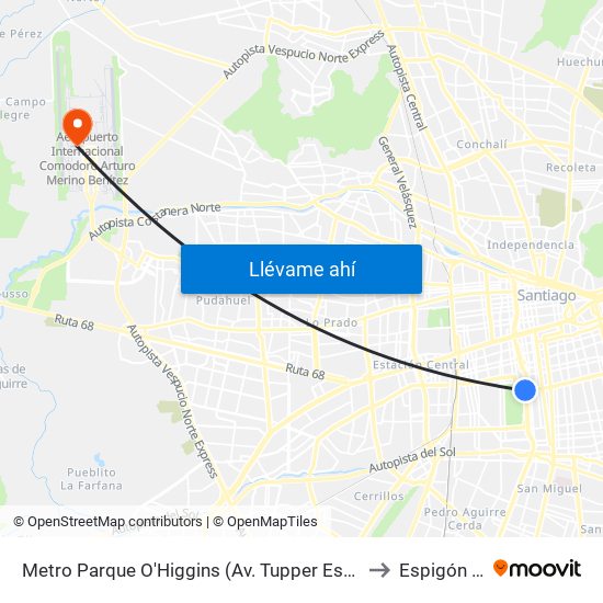 Metro Parque O'Higgins (Av. Tupper Esq. Av. Viel) to Espigón ""A"" map