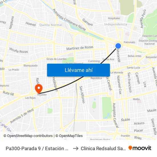 Pa300-Parada 9 / Estación Mapocho to Clínica Redsalud Santiago map