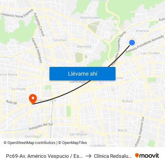 Pc69-Av. Américo Vespucio / Esq. Avenida Vitacura to Clínica Redsalud Santiago map