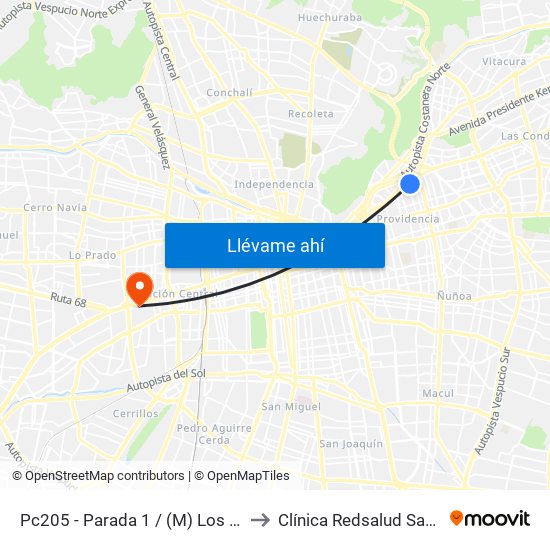 Pc205 - Parada 1 / (M) Los Leones to Clínica Redsalud Santiago map