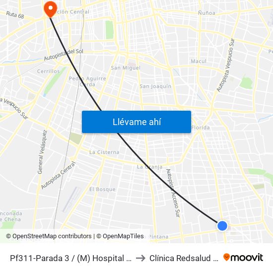Pf311-Parada 3 / (M) Hospital Sótero Del Río to Clínica Redsalud Santiago map