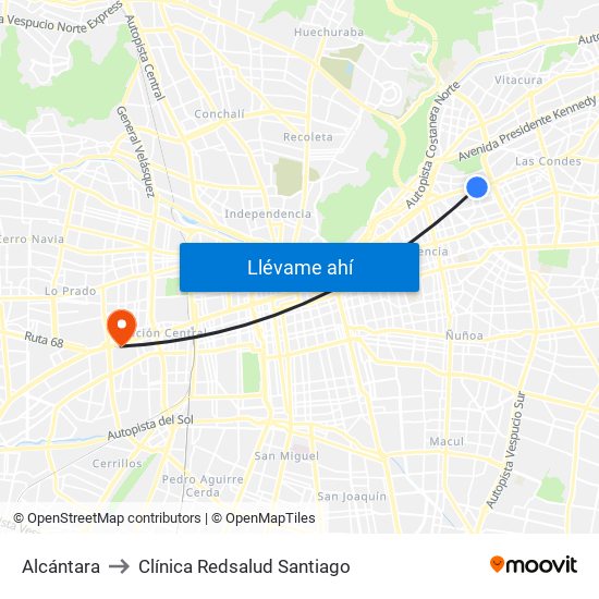 Alcántara to Clínica Redsalud Santiago map