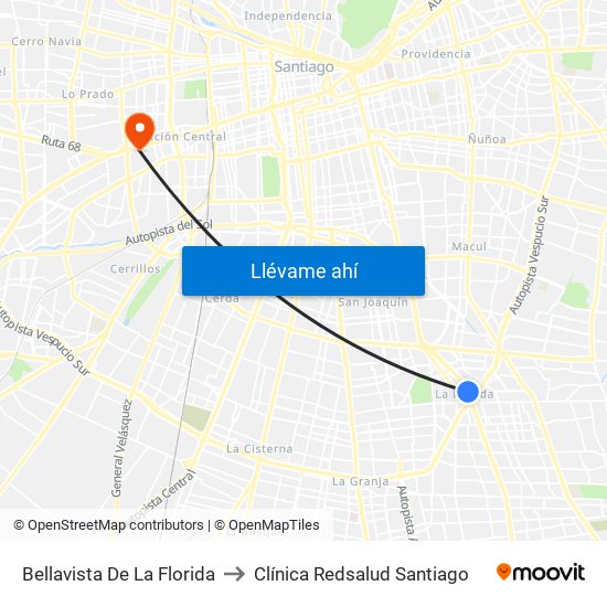 Bellavista De La Florida to Clínica Redsalud Santiago map