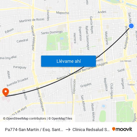 Pa774-San Martín / Esq. Santo Domingo to Clínica Redsalud Santiago map