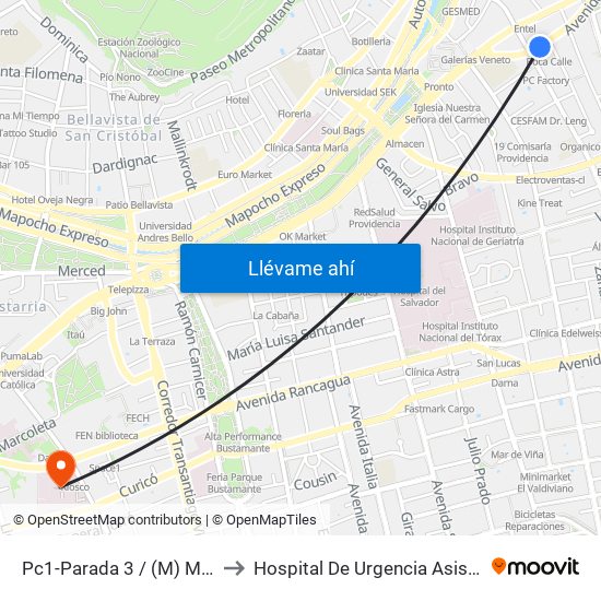 Pc1-Parada 3 / (M) Manuel Montt to Hospital De Urgencia Asistencia Pública map