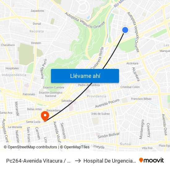 Pc264-Avenida Vitacura / Esq. Alonso De Córdova to Hospital De Urgencia Asistencia Pública map