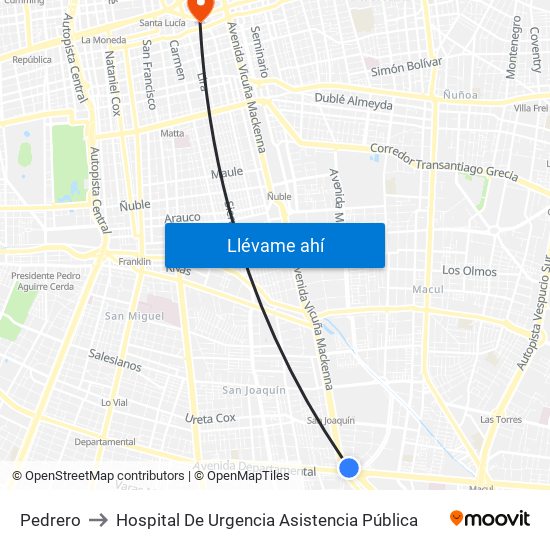 Pedrero to Hospital De Urgencia Asistencia Pública map