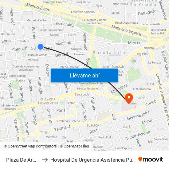 Plaza De Armas to Hospital De Urgencia Asistencia Pública map