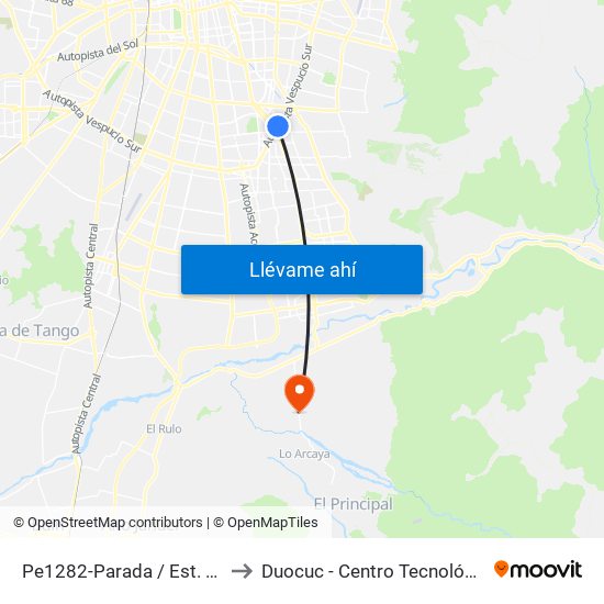 Pe1282-Parada / Est. Intermodal De La Florida to Duocuc - Centro Tecnológico De Recursos Naturales map