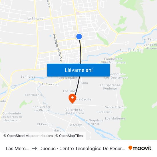 Las Mercedes to Duocuc - Centro Tecnológico De Recursos Naturales map