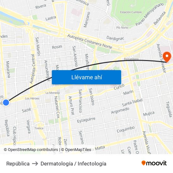 República to Dermatología / Infectología map