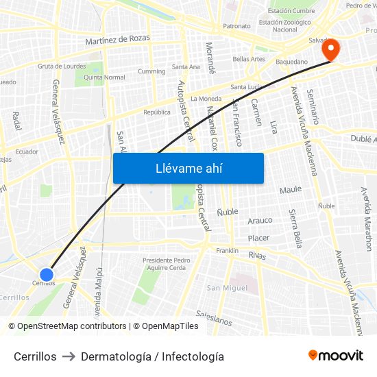 Cerrillos to Dermatología / Infectología map